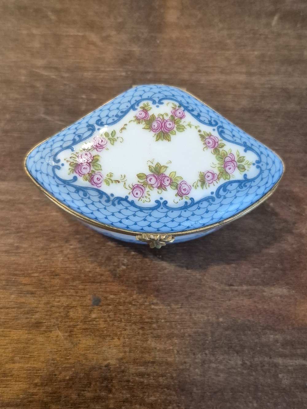 Blue and White Floral Porcelain Trinket Box with Pink Rose Accents